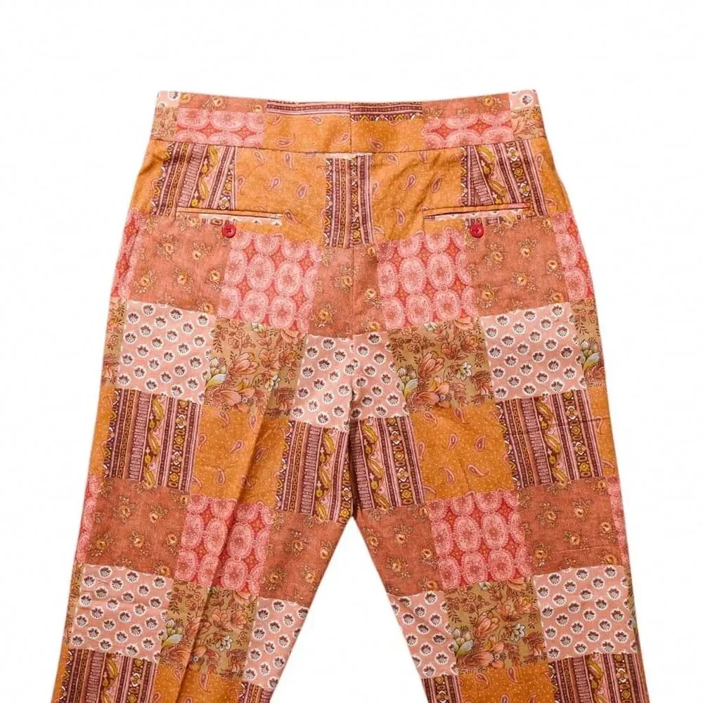Mens 36 Gurkha Pants Orange Patchwork Floral Flat Front Straight Fit Trousers - Picture 6 of 8